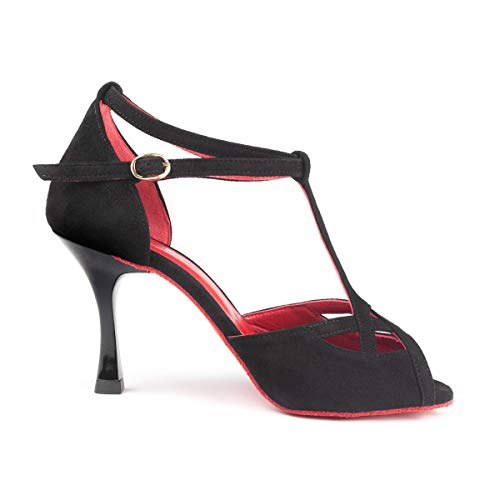 Portdance Damen Tanzschuhe Salsa Tango Sandalette PD505 Premium - Farbe: Schwarz/Rot - Absatz: 7 cm Flare (klein) - Größe: EUR 34,5 von Portdance