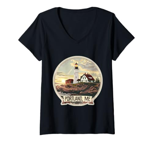 Damen Portland Maine Lighthouse Ocean New England Urlaub Sommer T-Shirt mit V-Ausschnitt von Portland Maine Lighthouse Design Co.
