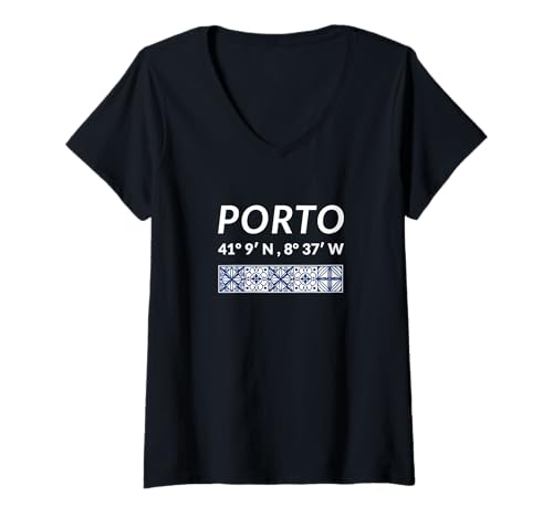 Damen Porto Koordinaten Portugal T-Shirt mit V-Ausschnitt von Porto Souvenir Koordinaten