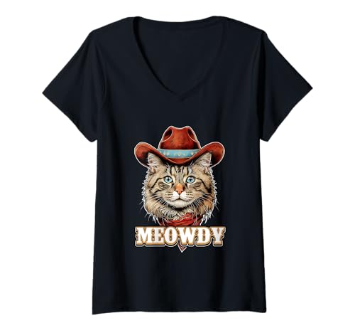 Damen Portrait Meowdy Cat Cowboy Western Rodeo Pet Country T-Shirt mit V-Ausschnitt von Portrait Meowdy Cat Cowboy Western Rodeo