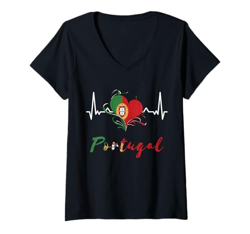 Damen Portugal Flagge Herzschlag EKG Pulse Portugiesische Wurzeln Herz T-Shirt mit V-Ausschnitt Damen Portugal Flagge Herzschlag EKG Pulse Portugiesische Wurzeln Herz T-Shirt mit V-Ausschnitt von Portugal Flag Pride Portuguese Roots Heritage