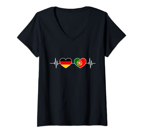 Damen Herzschlag Deutschland Portugal T-Shirt mit V-Ausschnitt von Portugal Portugiese Portugiesisches Geschenk