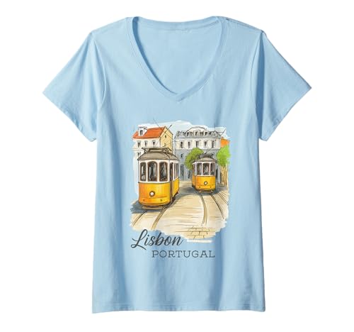 Damen Lissabon Portugal Straßenbahn Motiv T-Shirt mit V-Ausschnitt von Portugal Reise Souvenir
