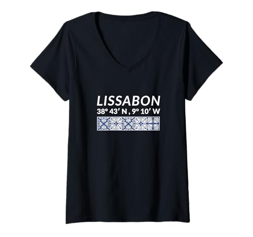 Damen Lissabon Koordinaten T-Shirt mit V-Ausschnitt von Portugal Souvenir Koordinaten