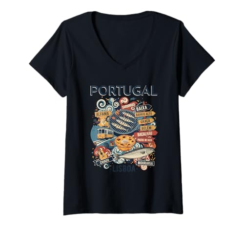 Damen Lisboa Lissabon Portugal Food Neighborhoods Sardinen Pastell T-Shirt mit V-Ausschnitt von Portugal - Valmar Gear