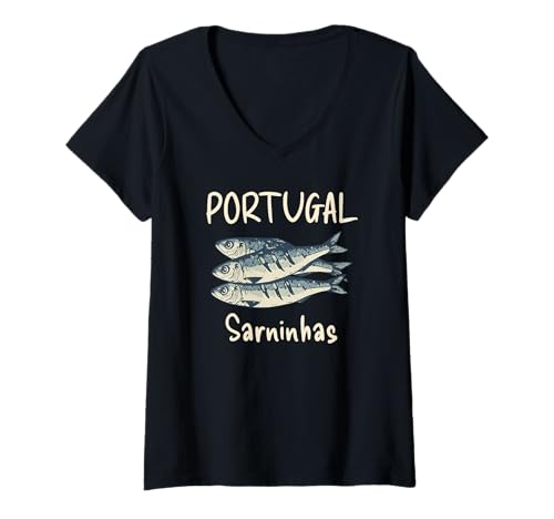Damen Love Retro Portugal Sardinhas Portugiesische Lebensmittel Grill Sardinen T-Shirt mit V-Ausschnitt von Portugal - Valmar Gear