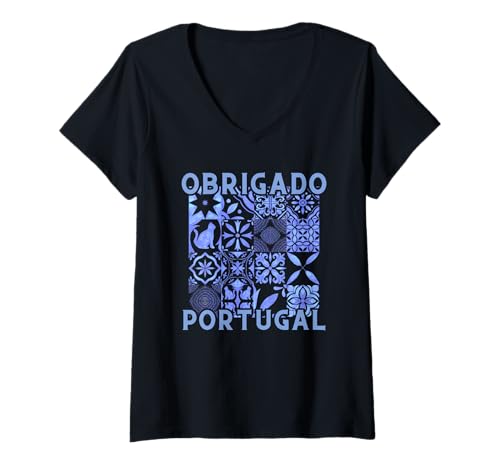 Damen Obrigado Portugal Azulejo Fliese Iberische Fliesenarbeit Lissabon T-Shirt mit V-Ausschnitt von Portugese Souvenir Shop
