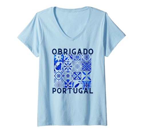 Damen Obrigado Portugal Azulejo Fliese Iberische Fliesenarbeit Lissabon T-Shirt mit V-Ausschnitt von Portugese Souvenir Shop