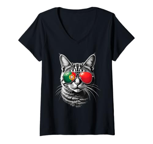 Damen Portugiesische Flagge Katze Gesicht Sonnenbrille Portugal Flagge T-Shirt mit V-Ausschnitt von Portuguese Flag Designs