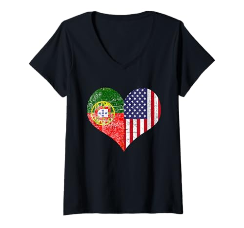 Damen T-Shirt mit portugiesischer amerikanischer Flagge, USA und Portugal, Used-Look T-Shirt mit V-Ausschnitt von Portuguese Proud Tee co