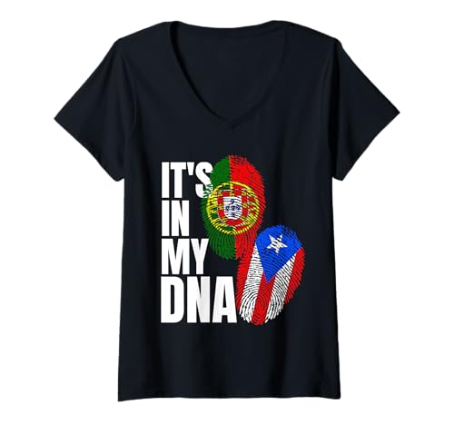 Damen Portugiesische Mischung Puerto Rican DNA Flag Heritage T-Shirt mit V-Ausschnitt von Portuguese Puerto Rican DNA