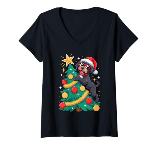 Damen Christmas Tree Portuguese Water Dog Sunglasses Portie T-Shirt mit V-Ausschnitt Damen Christmas Tree Portuguese Water Dog Sunglasses Portie T-Shirt mit V-Ausschnitt von Portuguese Water Dog Lover Gifts