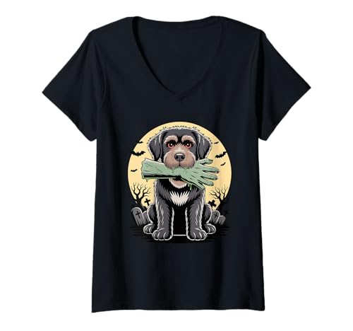 Damen Halloween Mond Zombie Hand Portuguese Water Dog Portie T-Shirt mit V-Ausschnitt Damen Halloween Mond Zombie Hand Portuguese Water Dog Portie T-Shirt mit V-Ausschnitt von Portuguese Water Dog Lover Gifts