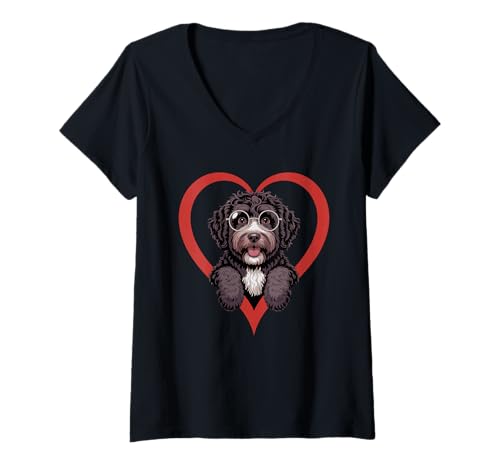 Damen Heart Portuguese Water Dog Glasses Portie T-Shirt mit V-Ausschnitt Damen Heart Portuguese Water Dog Glasses Portie T-Shirt mit V-Ausschnitt von Portuguese Water Dog Lover Gifts