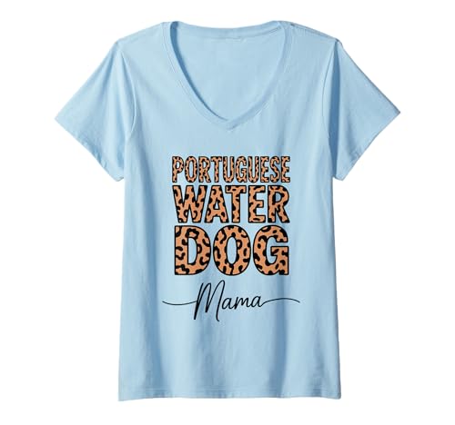 Damen Leopardenmuster Portuguese Water Dog Mama Portie T-Shirt mit V-Ausschnitt Damen Leopardenmuster Portuguese Water Dog Mama Portie T-Shirt mit V-Ausschnitt von Portuguese Water Dog Lover Gifts