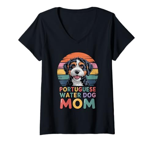 Damen Retro Portuguese Water Dog Mom Portie T-Shirt mit V-Ausschnitt Damen Retro Portuguese Water Dog Mom Portie T-Shirt mit V-Ausschnitt von Portuguese Water Dog Lover Gifts