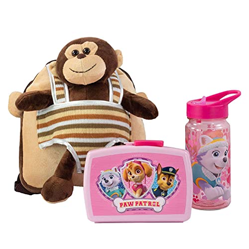 Paw Patrol - Rucksack für Kinder mit abnehmbarem Plüschtier Affe Max, Paw Patrol Brotdose und Trinkflasche in Pink, ideales Set für den Kindergarten oder bei Familienausflügen von PAW PATROL
