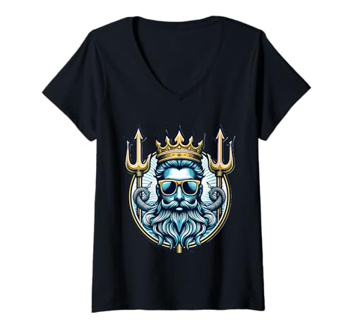 Damen Lustiges Dreizack Poseidon Gangsta Kostüm Gott altgriechisch T-Shirt mit V-Ausschnitt von Poseidon Trident Costume Ancient Greek God Ocean