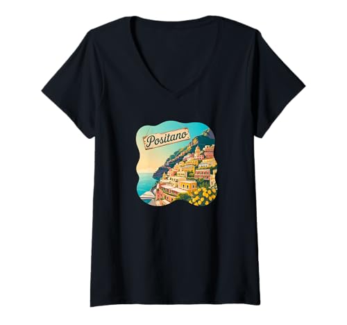Damen Italien Positano Amalfiküste Positano T-Shirt mit V-Ausschnitt von Positano Souvenirs