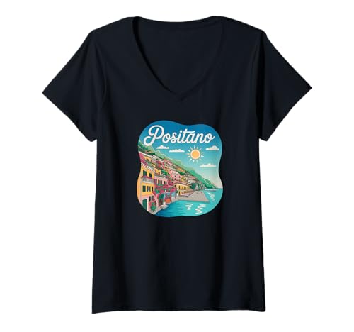 Damen Italien Positano Amalfiküste Positano T-Shirt mit V-Ausschnitt von Positano Souvenirs
