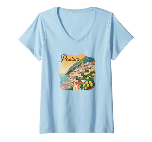Damen Italien Positano Amalfiküste Positano T-Shirt mit V-Ausschnitt von Positano Souvenirs