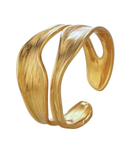 Breiter Strukturierter Ring Damen – Verstellbarer Edelstahlring Goldfarben, Offenes Design ,Wasserfest, Hypoallergen, Mit Geschenkbox, Eleganter Statement Ring als Geschenk für Frauen (Gold) von Positiva Jewelry