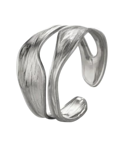 Breiter Strukturierter Ring Damen – Verstellbarer Edelstahlring Goldfarben, Offenes Design ,Wasserfest, Hypoallergen, Mit Geschenkbox, Eleganter Statement Ring als Geschenk für Frauen (Silber) von Positiva Jewelry