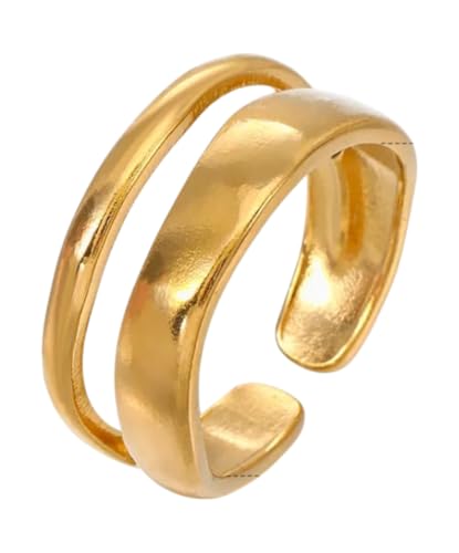 Positiva Jewelry Offener Bandring Damen – Verstellbarer 18K Vergoldeter Edelstahlring, Wasserfest, Hautfreundlich, Doppelring Design, Trendiger Statement Ring als Geschenk für Frauen (Gold) von Positiva Jewelry