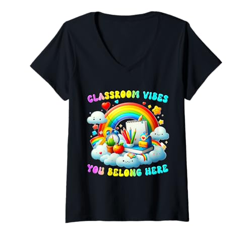 Damen Inklusive Klassenzimmer-Dekor - Rainbow Back to School Vibes T-Shirt mit V-Ausschnitt Damen Inklusive Klassenzimmer-Dekor - Rainbow Back to School Vibes T-Shirt mit V-Ausschnitt von Positive Classroom Decor & Teacher Art Style
