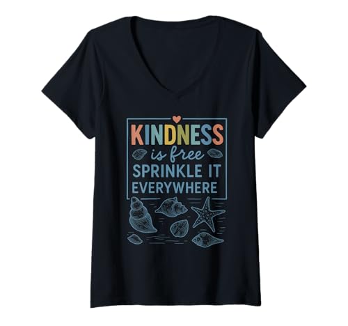Damen Kindness Is Free Streinkle It Beach Thema T-Shirt mit V-Ausschnitt von Positive Coastal Kindness with Seashells