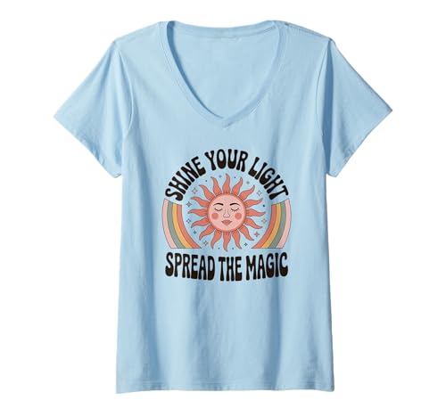 Damen Shine Your Light Spread The Magic Boho Regenbogen Sonne T-Shirt mit V-Ausschnitt von Positive Energie Retro Yoga Meditation Inspiration