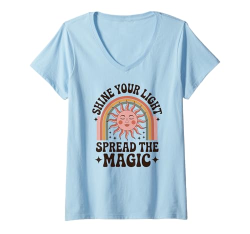 Damen Shine Your Light Spread The Magic Boho Regenbogen Sonne T-Shirt mit V-Ausschnitt von Positive Energie Retro Yoga Meditation Inspiration