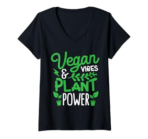 Damen Veganer Stimmung und Pflanzenkraft T-Shirt mit V-Ausschnitt von Positive Energie