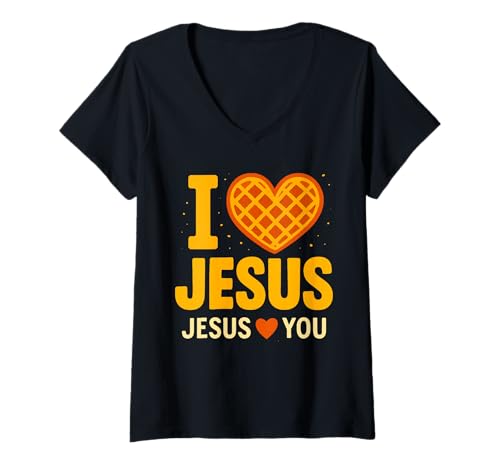 Damen I Love Jesus Waffel Herz Faith Cute T-Shirt mit V-Ausschnitt Damen I Love Jesus Waffel Herz Faith Cute T-Shirt mit V-Ausschnitt von Positive Faith Everyday Blessing