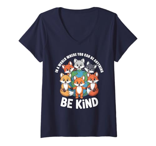 Damen Be Kind Foxes Anti-Mobbing-Nachricht T-Shirt mit V-Ausschnitt von Positive Message Kindness