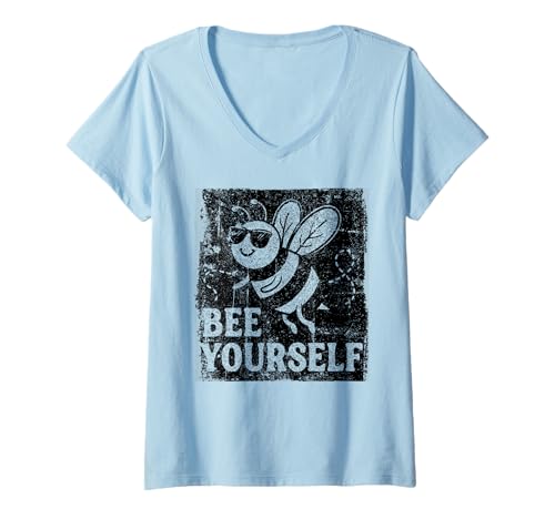 Damen Bee Yourself Retro Positive Message Bee Sonnenbrille T-Shirt mit V-Ausschnitt Damen Bee Yourself Retro Positive Message Bee Sonnenbrille T-Shirt mit V-Ausschnitt von Positive Message Tees