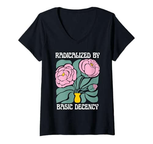 Damen Radicalized by Basic Decency Blumengrafik im Retro-Stil T-Shirt mit V-Ausschnitt von Positive Retro Flower Power Apparel Design