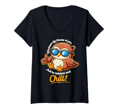 Damen Lustiger Spruch der niedlichen Eule - Relax and Chill T-Shirt mit V-Ausschnitt von Positive Vibes Apparel & Accessories