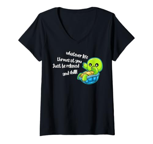 Damen Lustiger Spruch der niedlichen Schildkröte - Relax and Chill T-Shirt mit V-Ausschnitt von Positive Vibes Apparel & Accessories
