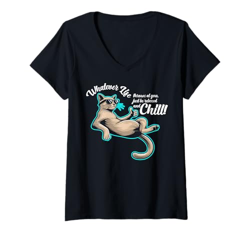 Damen Lustiger Spruch der süßen Bergkatze - Relax and Chill T-Shirt mit V-Ausschnitt von Positive Vibes Apparel & Accessories