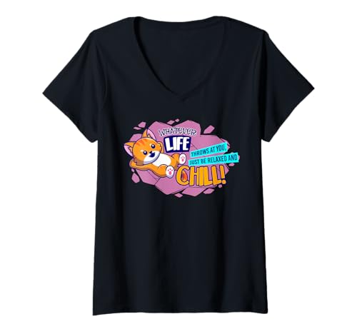 Damen Lustiger Spruch der süßen Katze - Relax and Chill T-Shirt mit V-Ausschnitt Damen Lustiger Spruch der süßen Katze - Relax and Chill T-Shirt mit V-Ausschnitt von Positive Vibes Apparel & Accessories
