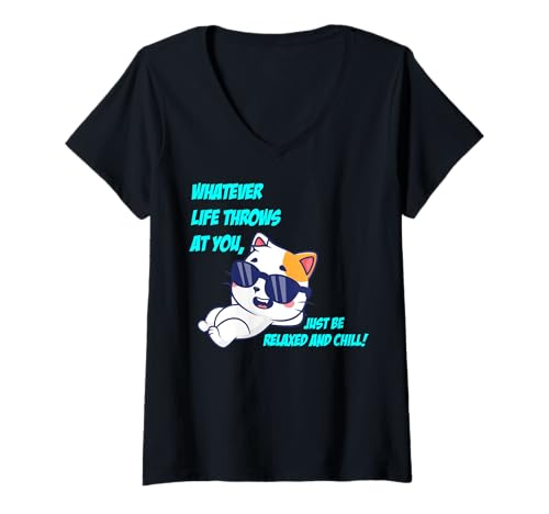 Damen Lustiger Spruch der süßen Katze - Relax and Chill T-Shirt mit V-Ausschnitt von Positive Vibes Apparel & Accessories