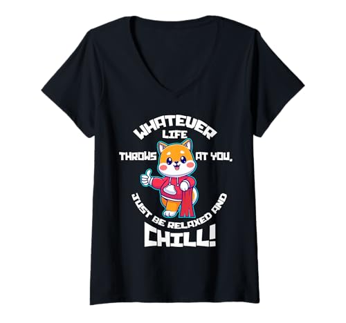 Damen Lustiger Spruch der süßen Katze - Relax and Chill T-Shirt mit V-Ausschnitt Damen Lustiger Spruch der süßen Katze - Relax and Chill T-Shirt mit V-Ausschnitt von Positive Vibes Apparel & Accessories