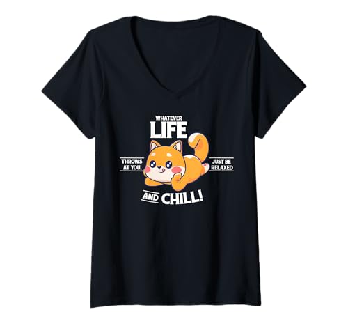 Damen Lustiger Spruch der süßen Katze - Relax and Chill T-Shirt mit V-Ausschnitt von Positive Vibes Apparel & Accessories