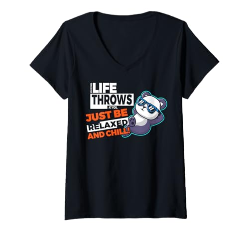 Damen Lustiger Spruch von süßem Bär - Relax and Chill T-Shirt mit V-Ausschnitt von Positive Vibes Apparel & Accessories