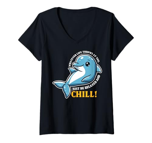 Damen Lustiger Spruch von süßem Delfin - Relax and Chill T-Shirt mit V-Ausschnitt Damen Lustiger Spruch von süßem Delfin - Relax and Chill T-Shirt mit V-Ausschnitt von Positive Vibes Apparel & Accessories