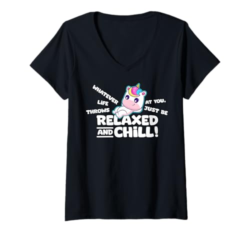 Damen Lustiger Spruch von süßem Einhorn - Relax and Chill T-Shirt mit V-Ausschnitt Damen Lustiger Spruch von süßem Einhorn - Relax and Chill T-Shirt mit V-Ausschnitt von Positive Vibes Apparel & Accessories