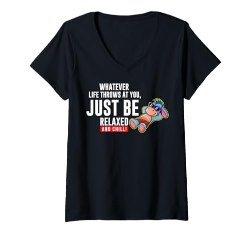 Damen Lustiger Spruch von süßem Esel - Relax and Chill T-Shirt mit V-Ausschnitt von Positive Vibes Apparel & Accessories