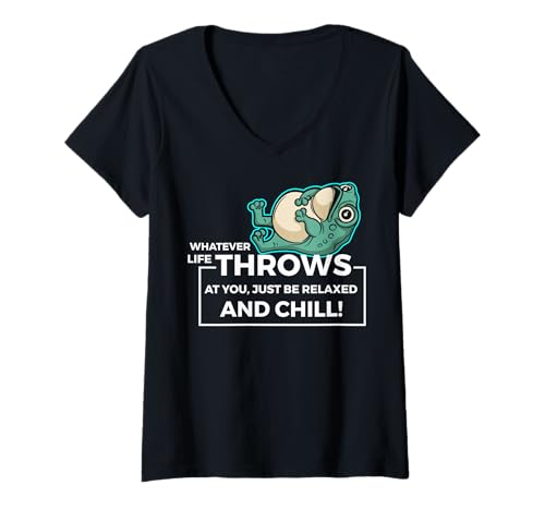 Damen Lustiger Spruch von süßem Frosch - Relax and Chill T-Shirt mit V-Ausschnitt von Positive Vibes Apparel & Accessories