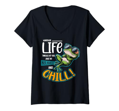 Damen Lustiger Spruch von süßem Frosch - Relax and Chill T-Shirt mit V-Ausschnitt von Positive Vibes Apparel & Accessories